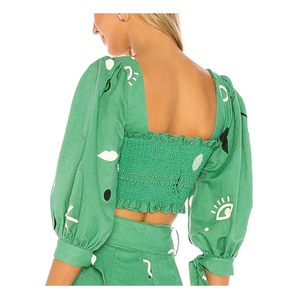 Capulet Gracia Smocked Puffed Sleeve Linen Cotton Green Carnivale Print Crop Top - Picture 2 of 13